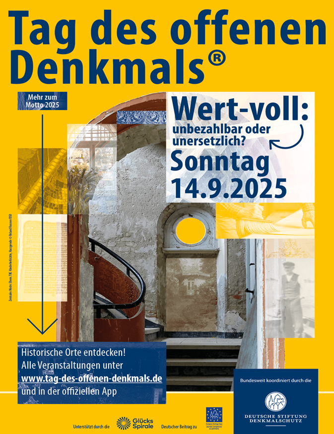 Man sieht auf gelbem Grund die Einladung zum Tag des offenen Denkmals am 14.09.2025