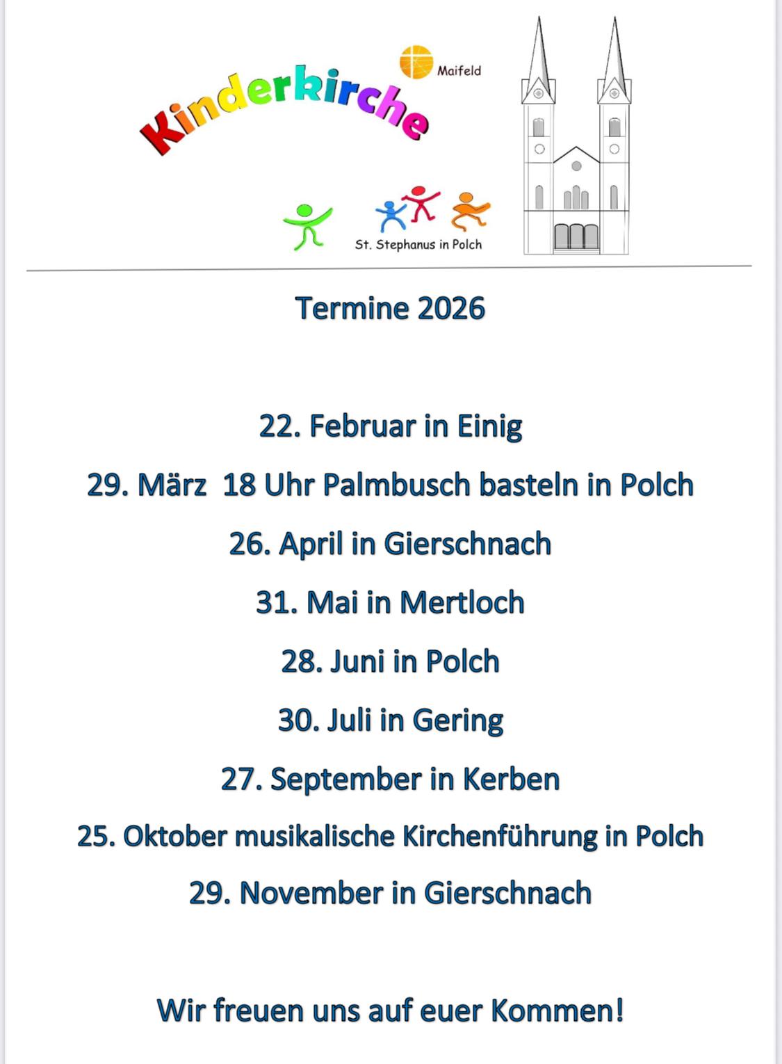 Man sieht die Termine der Kinderkirche in der Pfarrei Maifeld in 2026 (c) Kinderkirchenkreis der Kath. Kirchengemeinde Maifeld Man sieht die Termine der Kinderkirche in der Pfarrei Maifeld in 2026