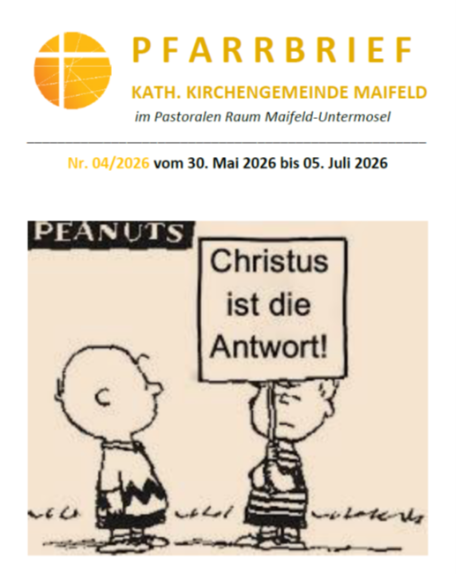 Man sieht die Titelseite des Pfarrbriefs Nr. 04/2026 der Kath. Kirchengem. Maifeld mit einer Abbildung der Peanuts