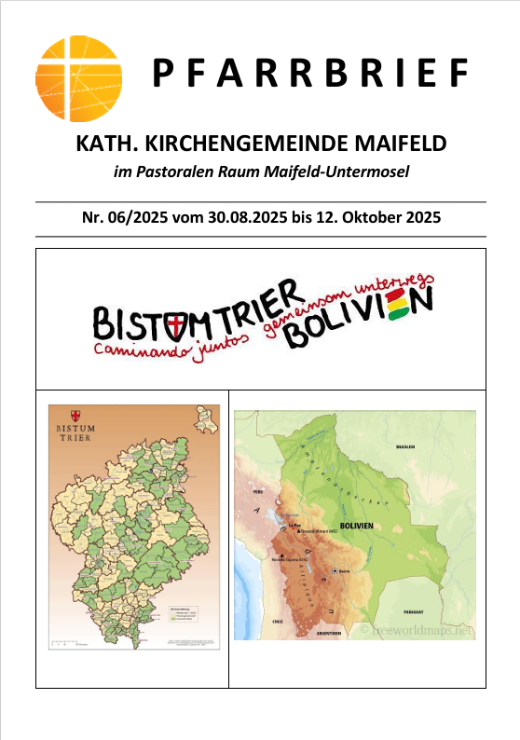 Man sieht die Titelseite des Pfarrbriefs mit sich gegenüberliegenden Karten des Bistums Trier und Bolivien