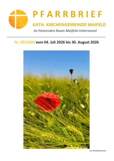 Man sieht die Titelseite des Pfarrbrief 05/26 mit einem Titelfoto 'Klatschmohn auf einem Ährenfeld'