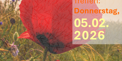 Man sieht die Einladung zum Trauercafé des Pastoralen Raums Maifeld-Untermosel am 05.02.26 im Hintergrund eine Blumenwiese bei Sonne, im Vordergrund eine rote Mohnblüte