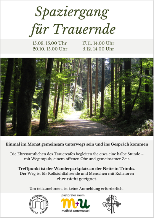 Man sieht ein Bild mit einem Waldweg, darunter die Einladung zum Trauerspäziergang