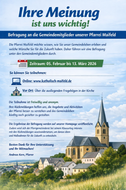 Man sieht vor blauem Himmel, rechts im Bild eine Kirche auf einem grünen Hügel, davor kleine Häuser - mit dem Hinweis auf die Befragung in der Pfarrei Maifeld vom 05.02.-13.03.2026