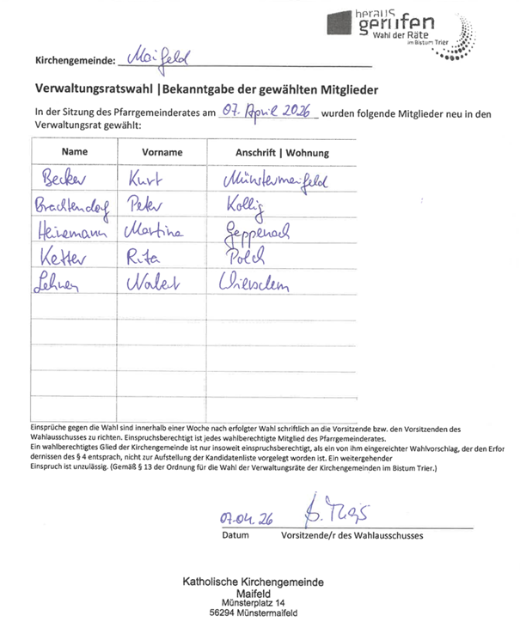 Man sieht eine Liste der neu-gewählten VR-Mitglieder der Katholischen Kirchengemeinde Maifeld