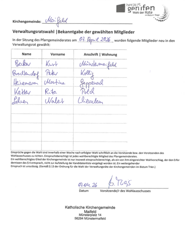 Man sieht eine Liste der neu-gewählten VR-Mitglieder der Katholischen Kirchengemeinde Maifeld