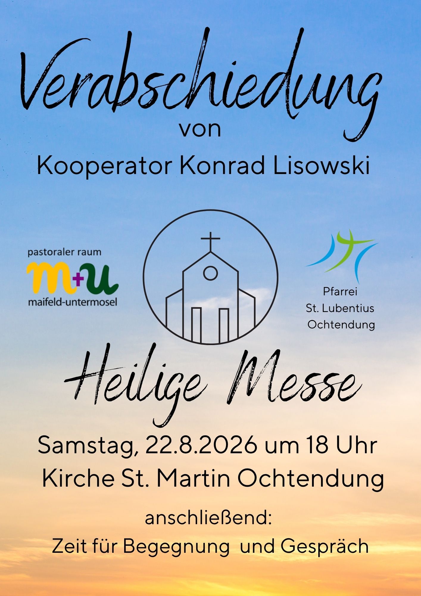Man sieht auf blau/gelbem Grund die Einladung zur Verabschiedung von Kooperator Lisowski am 22.08.26