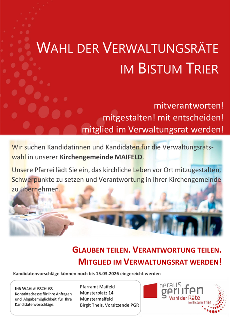 Man sieht das Plakat zur Wahl des VR in 2026 für die Pfarrei Maifeld