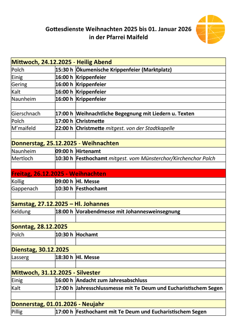 Es sind sämtliche Gottesdienste der Weihnachtsoktav in der Pfarrei Maifelld zu sehen