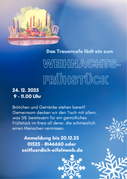 Man sieht auf blauem Grund mit weißen _Schneeflocken die Einladung zu einem Weihnachtsfrühstück für einsame Menschen am Vormittag des Hl. Abend 2025