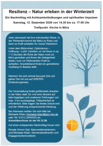 Man sieht auf blauem Grund die Einladung zum Thema Resilienz im Winterhalbjahr 2026 unten das Logo der Pfarrei Maifeld