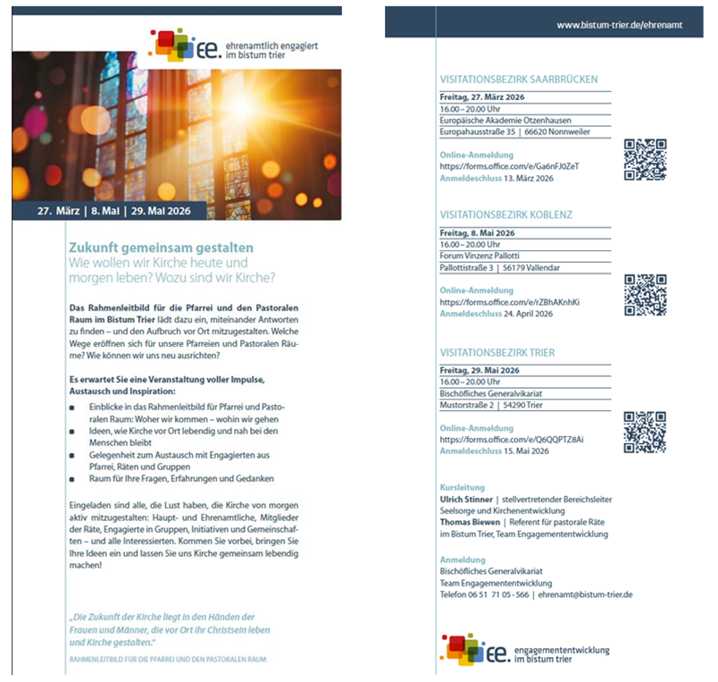 Man sieht die Einladung an Ehrenamtliche zum Workshop für Zukunftsgestaltung in der Pfarrei mit QR-Code zur Anmeldung