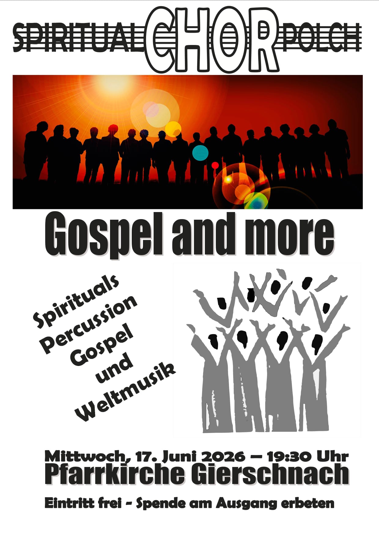 Man sieht die Einladung zum Spiritual/Gospelkonzert in der Kirche in Gierschnach am 17.06.26