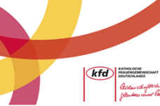 Man sieht das rot-gelbe Logo der kfd, rechts der Schriftzug 'leidenschaftlich glauben und leben'