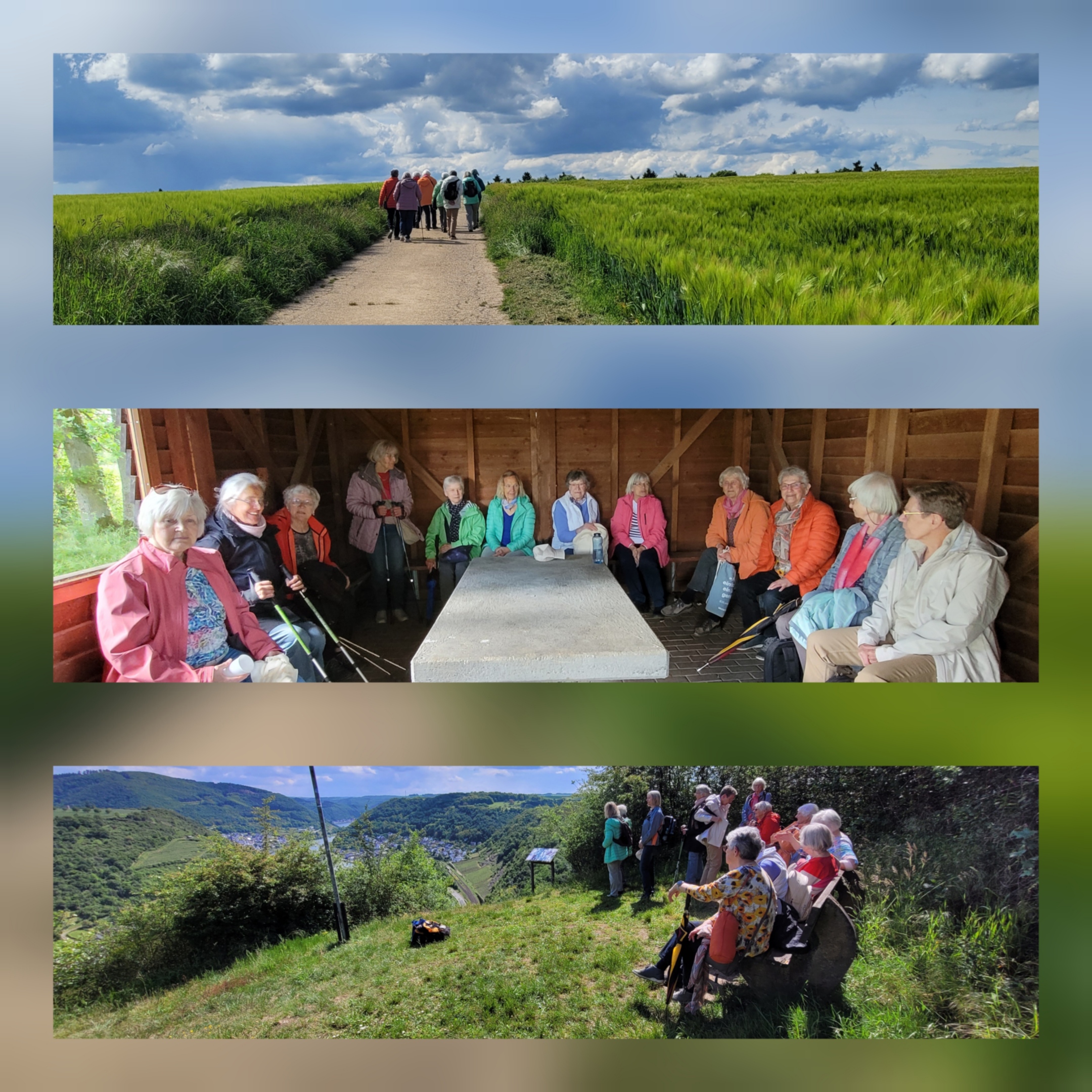 Man sieht eine Collage mit drei untereinanderliegenden Bildern oben und unten bei Wanderung durch grüne Felder und Wiesen in der Mitte Frauen um einen großen Tisch versammelt