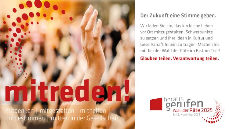 Man sieht das Infoplakat zur PGR-Wahl 2025 im Bistum Trier mit dem Slogan 'Mitreden'