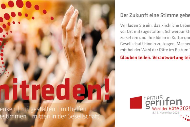 Man sieht das Infoplakat zur PGR-Wahl 2025 im Bistum Trier mit dem Slogan 'Mitreden'