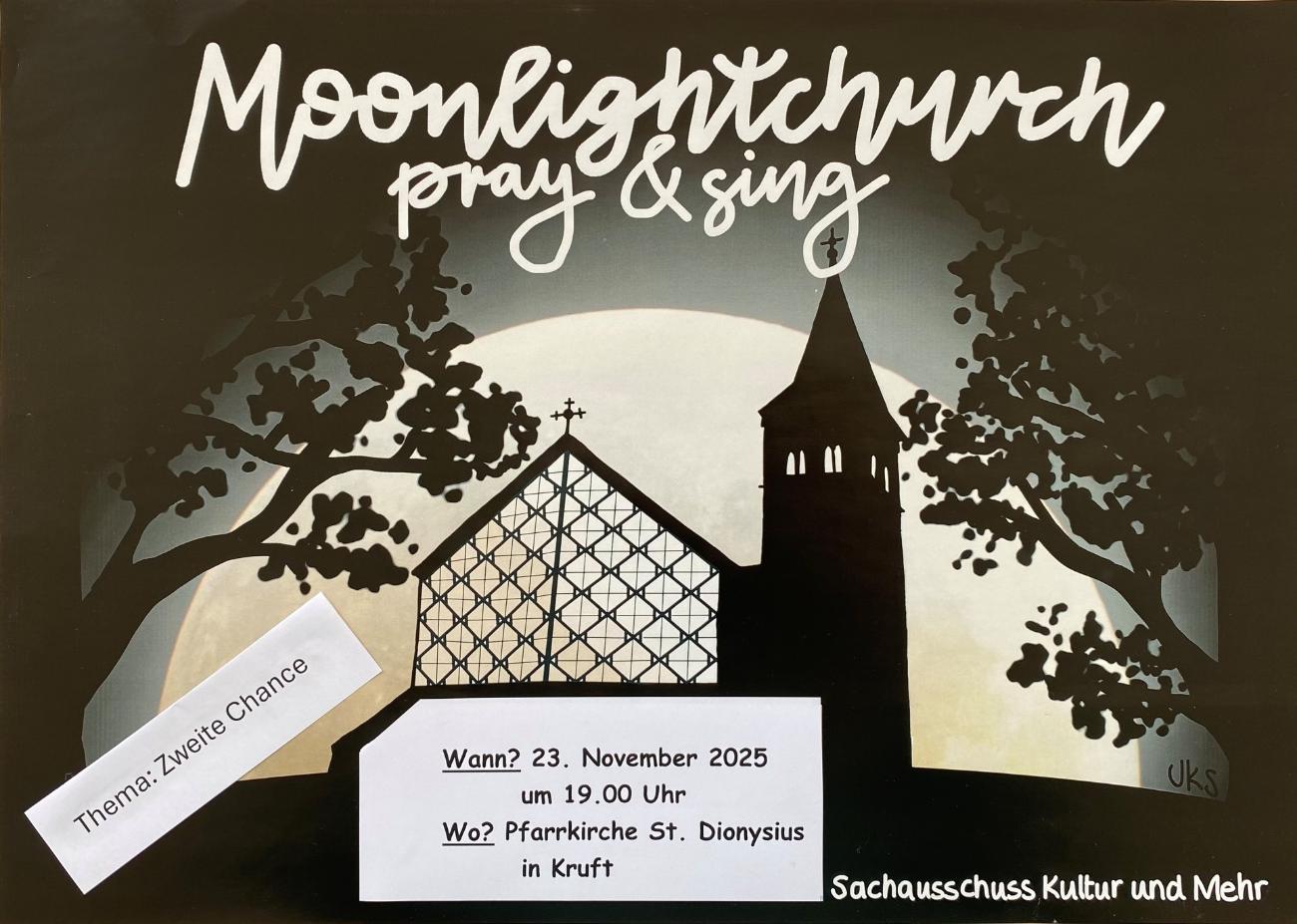 Man sieht den schwarz und weiß gestalteten Flyer mit der Einladung zur 'Moonlight-Church' in Kruft am 23.11.25