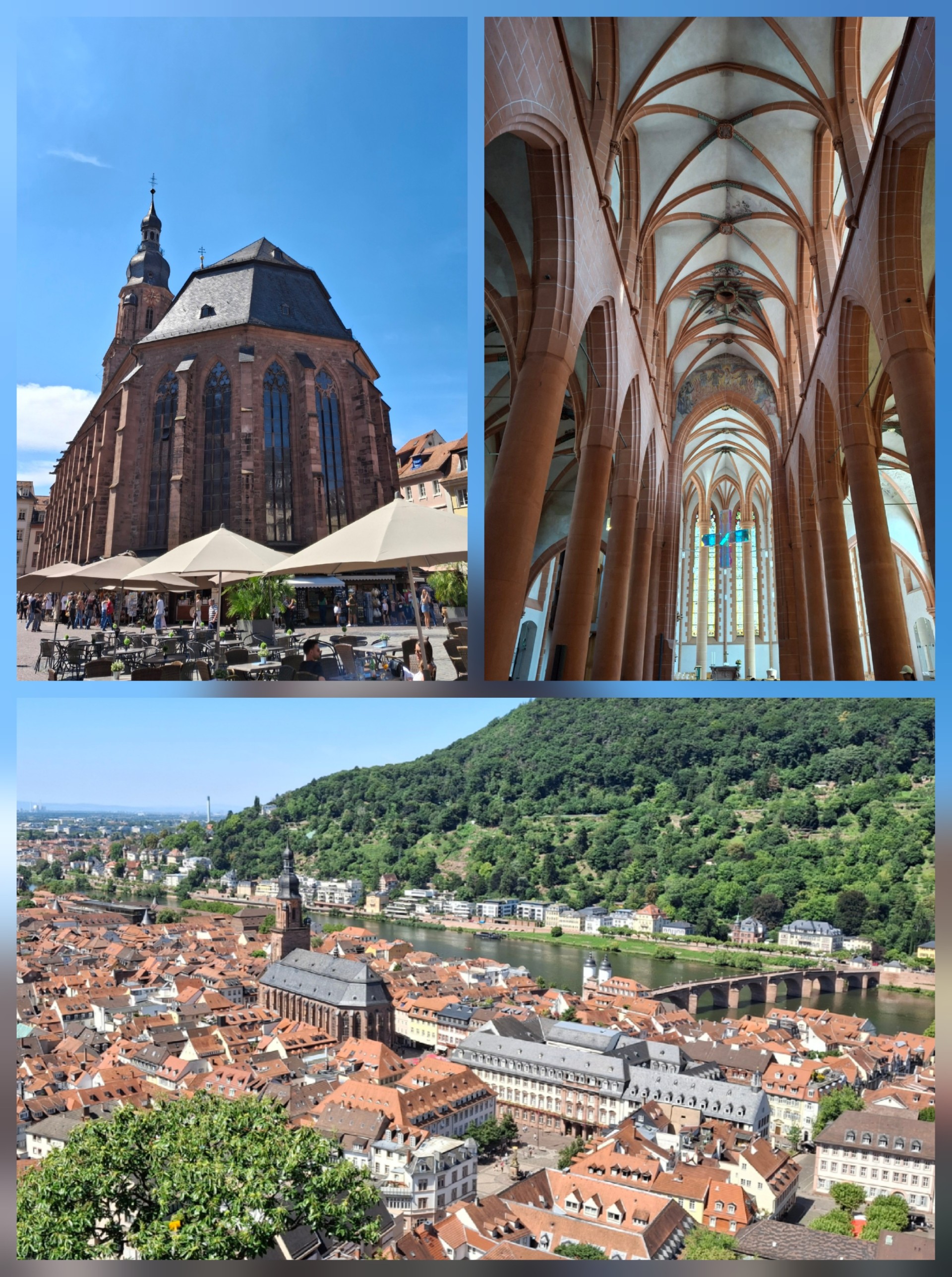 Man sieht eine Collage mit zwei Bildern (außen und innen) der Heiliggeistkirche und einem Panoramablick über Heidelberg