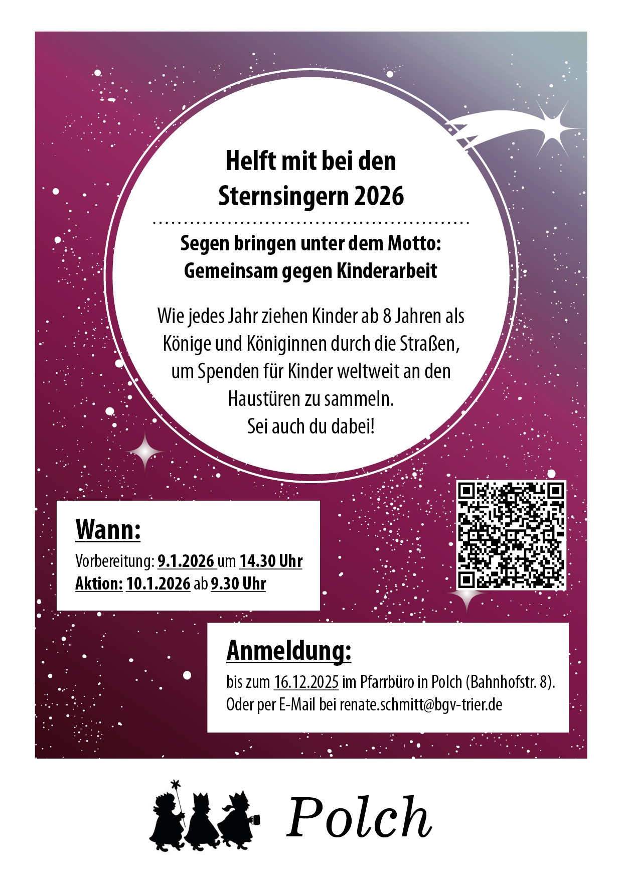 Man sieht auf violettem Grund, stilisiert als Himmelszelt - einen weißen Kreis, in dem die Einladung zum Mitmachen bei der Sternsingeraktion in Polch geschrieben steht